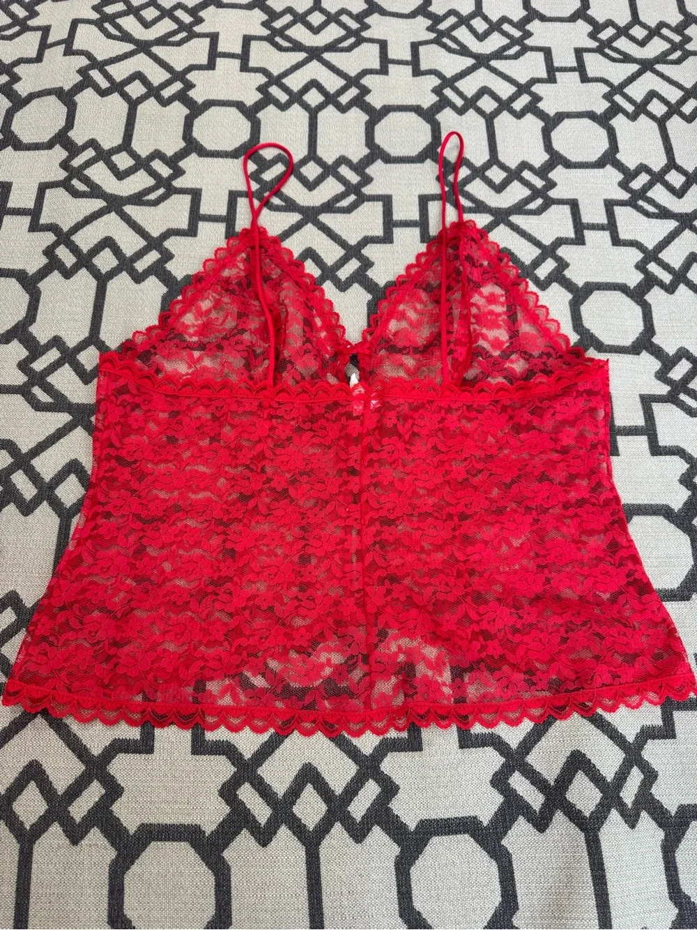Texsheen Vintage 70s 80s Red Lace Lingerie 2 Piece Set Sheer Cami Shorts Sz L